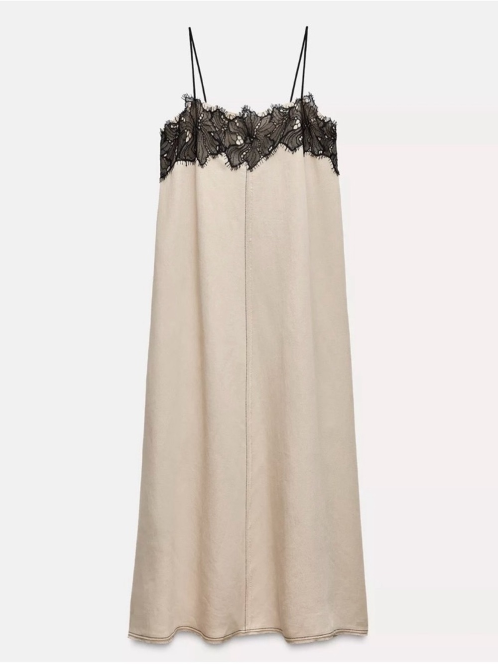 Zara Beige Maxi Linen Blend Dress with Black Lace Trim Large L